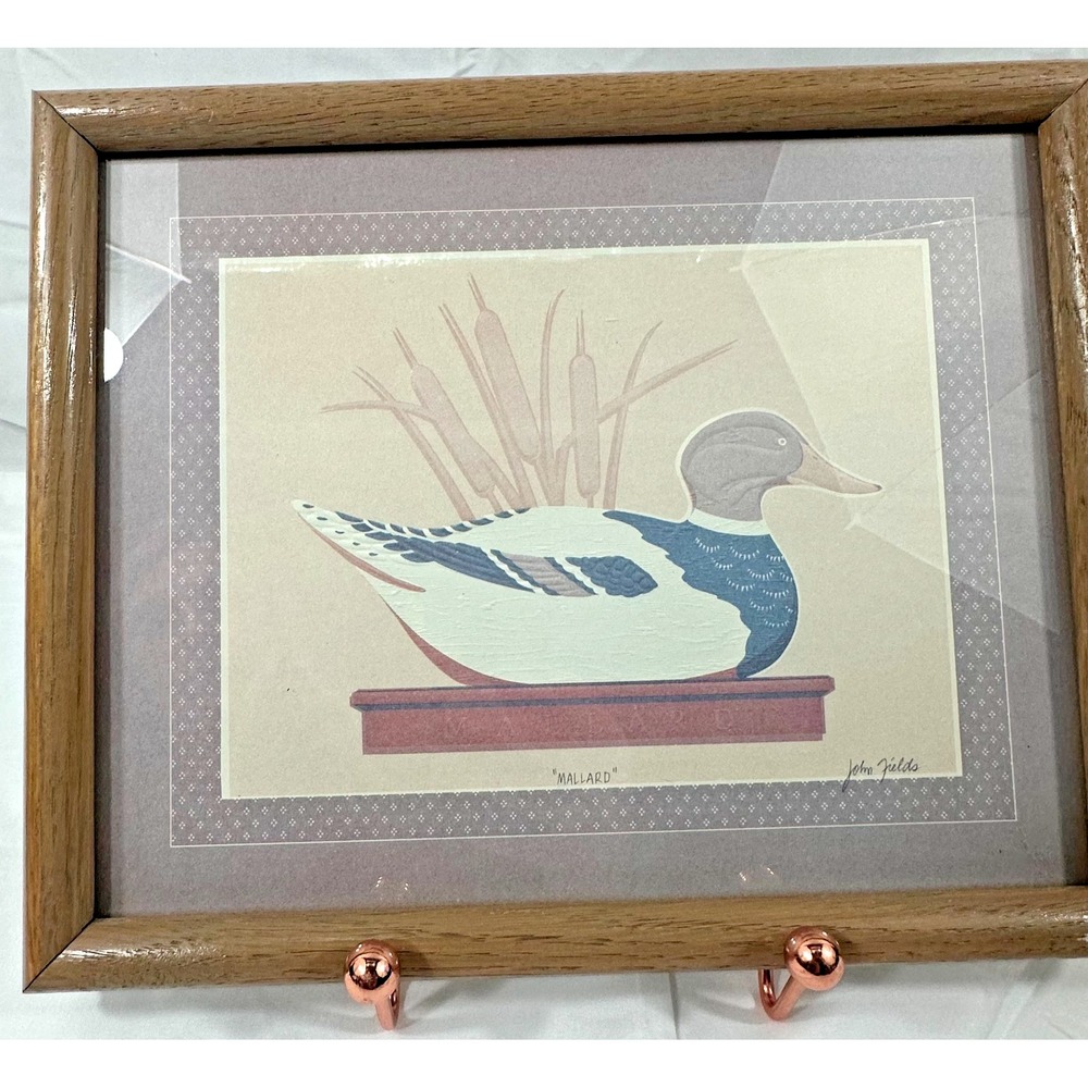 Vintage John Fields Signed Mallard Duck Decoy Art Print Framed-Folk Art 8.5x11